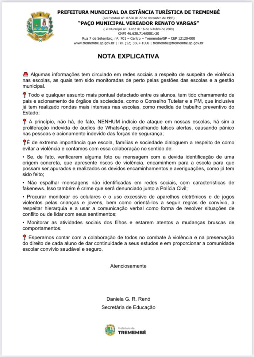 ATENÇÃO: Nota explicativa sobre supostos ataques as escolas de Tremembé