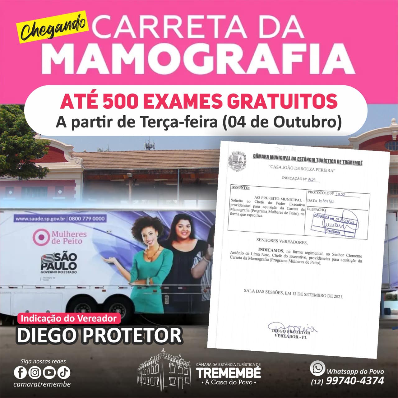 Carreta da Mamografia inicia os exames gratuitos em Tremembé