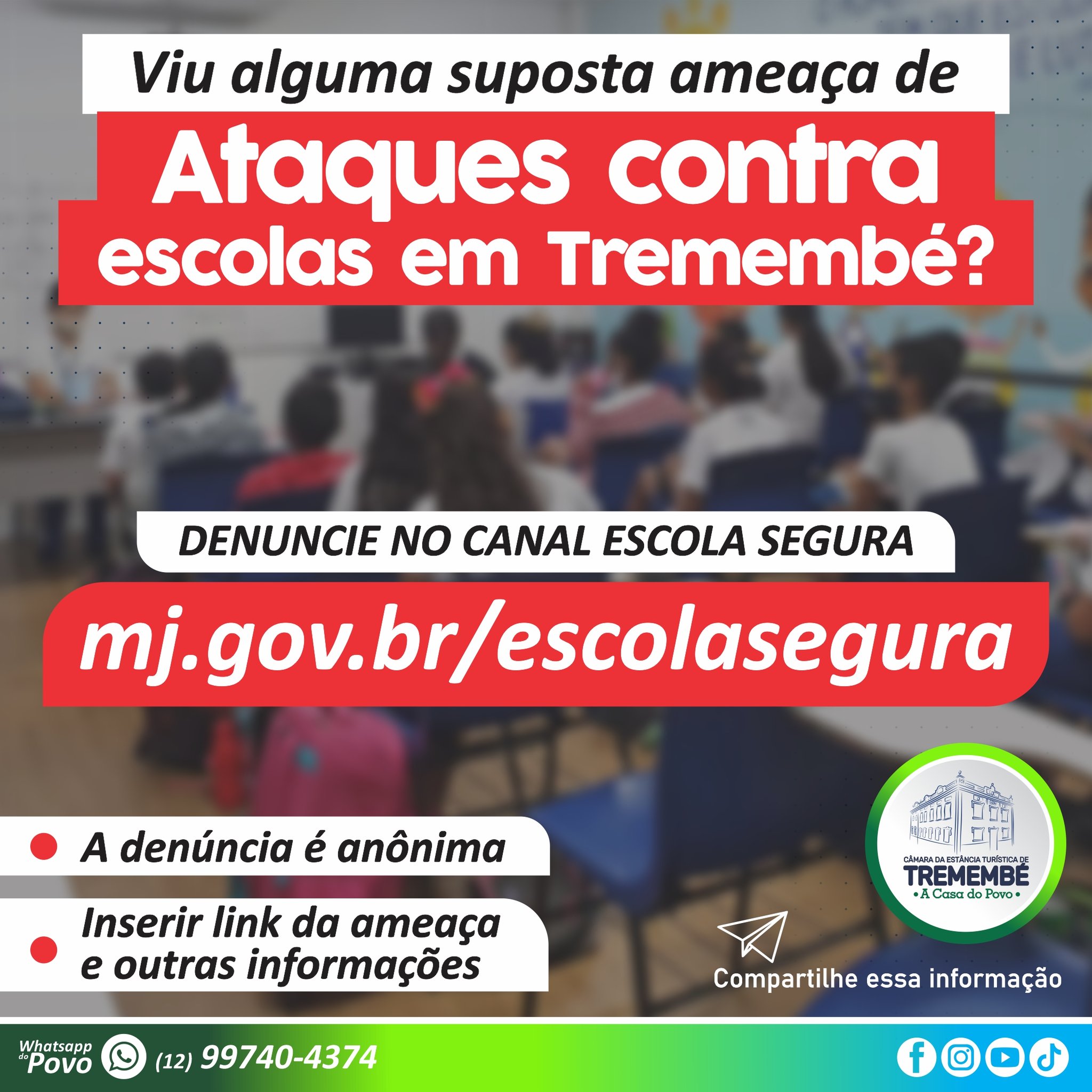 Denúncias sobre ataques em escolas de Tremembé