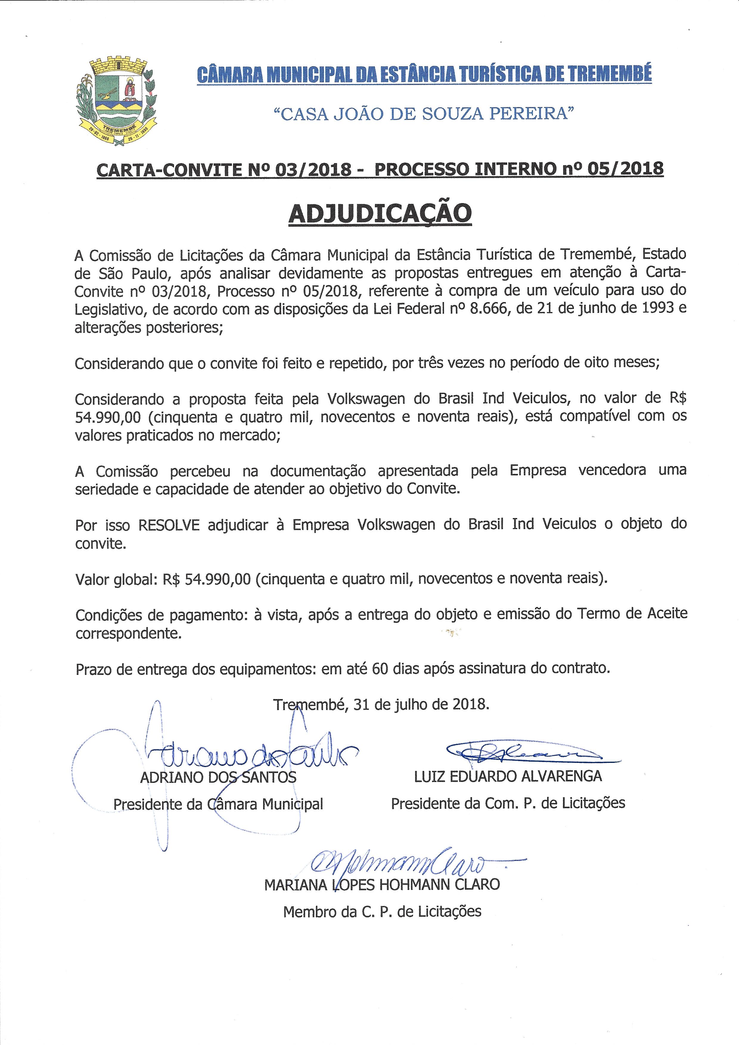 Adjudicação Carta-Convite Nº 03/2018 - Processo Interno Nº 05/2018