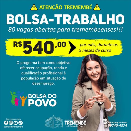 Bolsa-trabalho abre 80 vagas em Tremembé