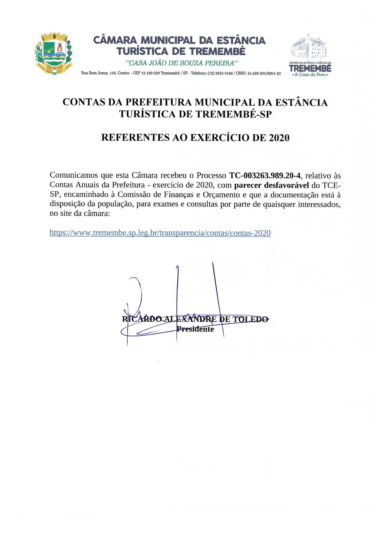 Contas da Prefeitura Muncipal - Ano 2020