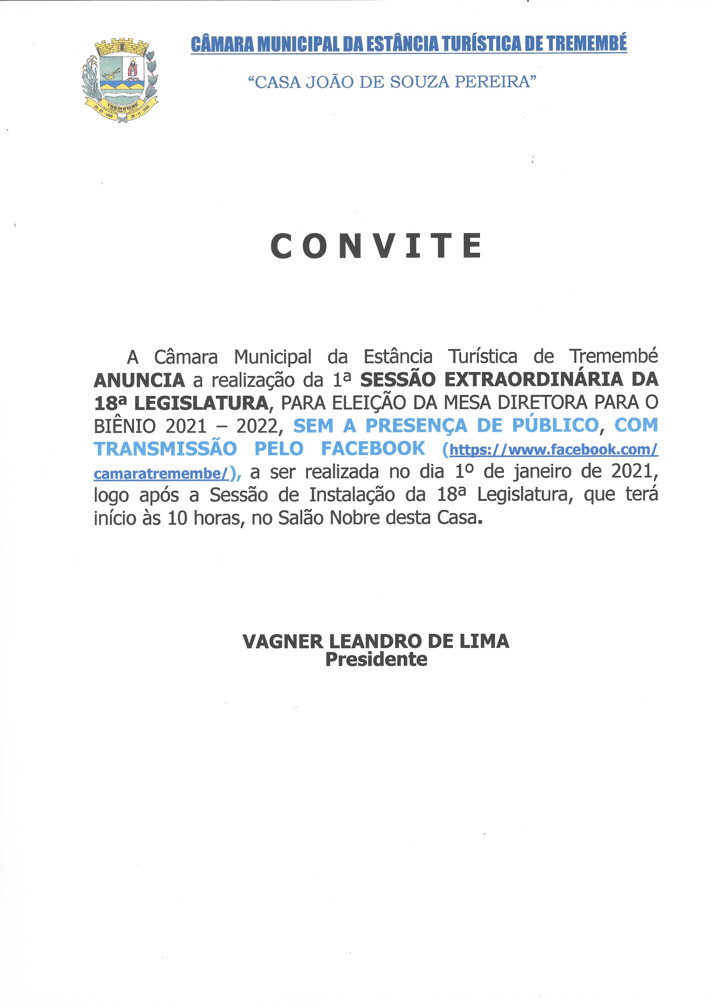 Convite para SESSÃO EXTRAORDINÁRIA da 18ª Legislatura - 01/01/2020