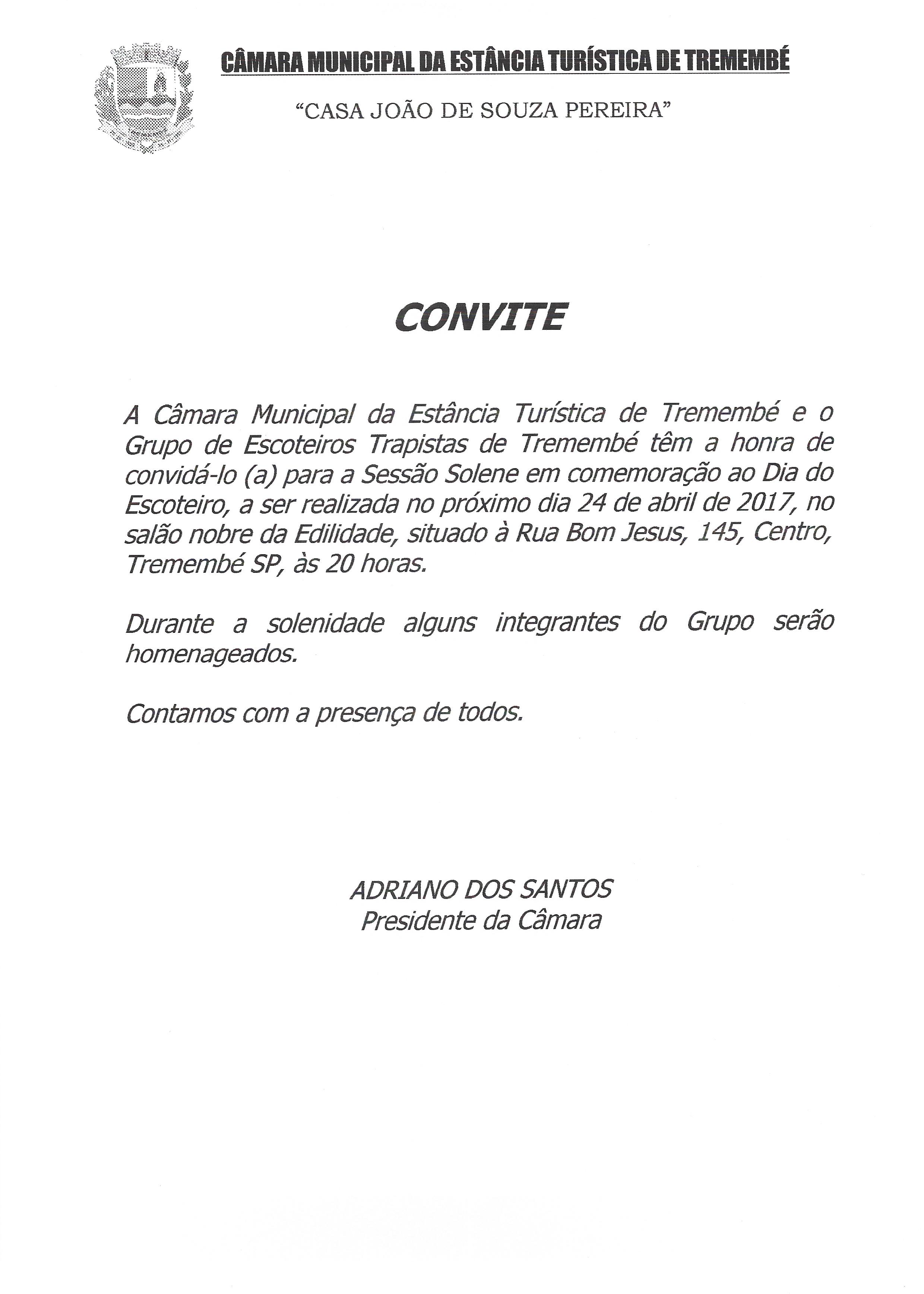 Convite - Sessão Solene em comemoração ao dia do Escoteiro