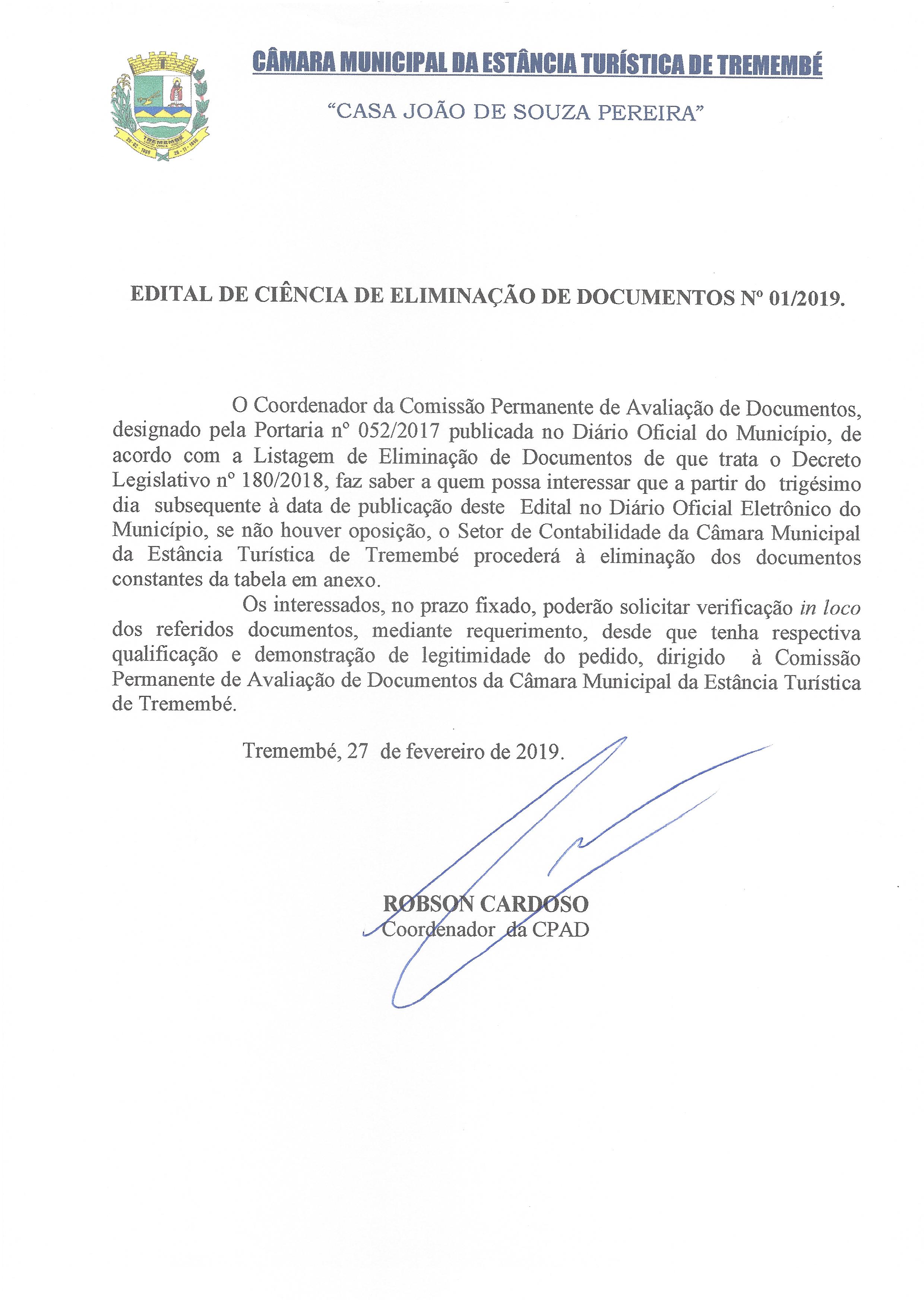 Edital de Ciência de Eliminação de Documentos n° 01-2019