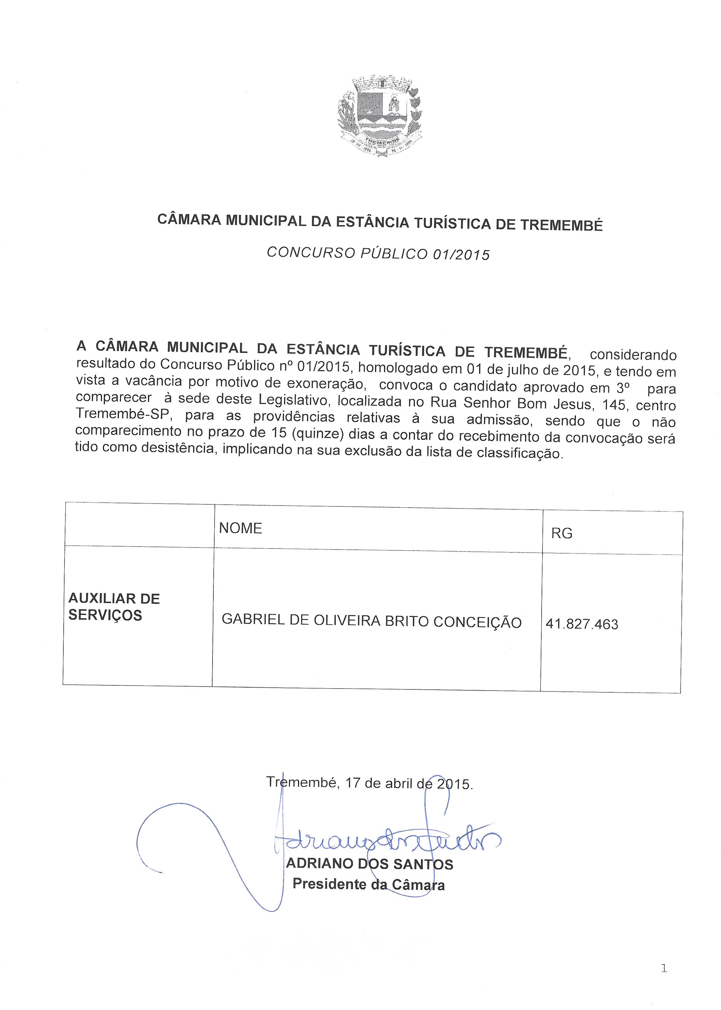 Edital de Convocação - 3° Colocado para Auxiliar de Serviços Gerais