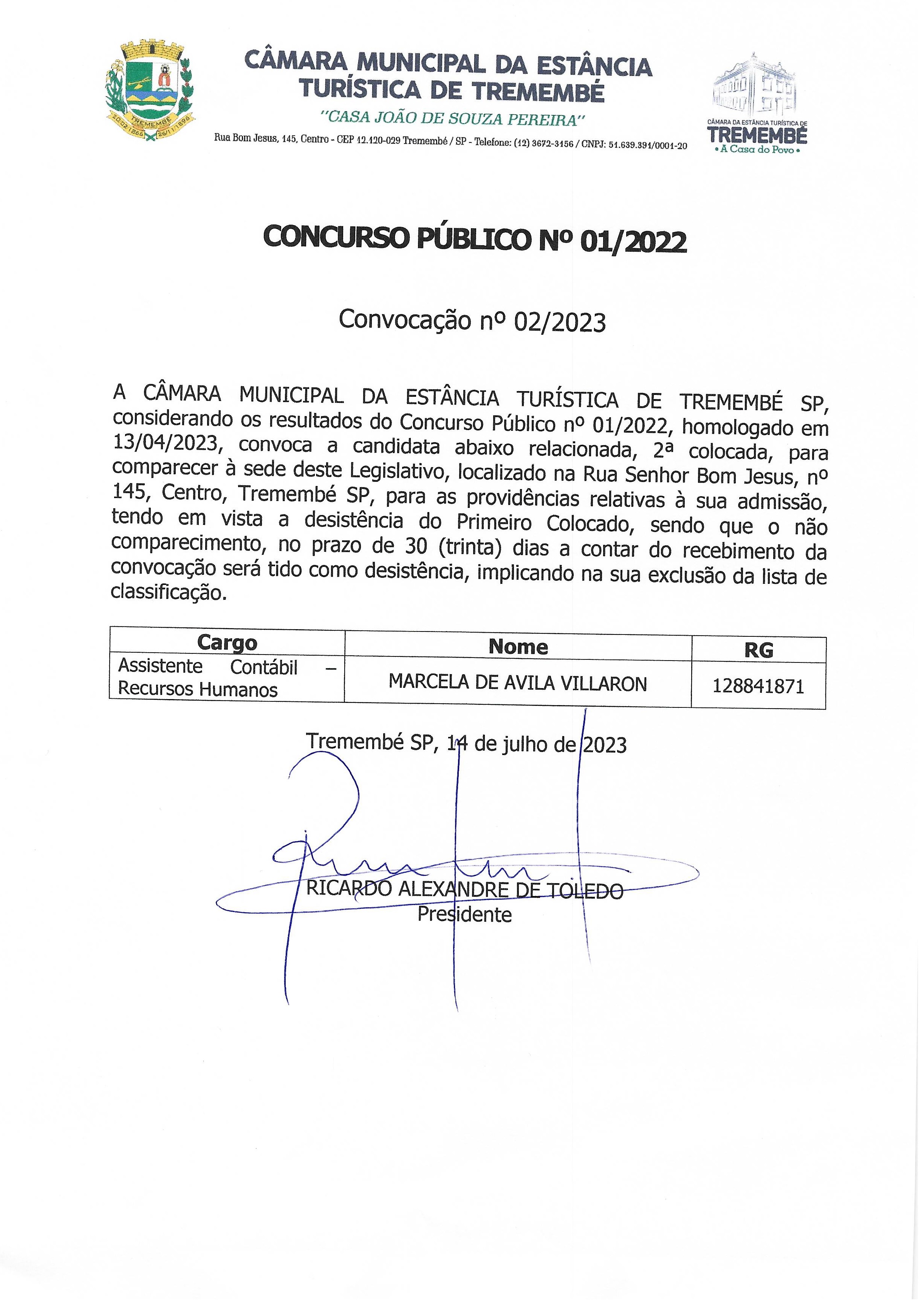 Edital de Convocação - Concurso nº 01/2022 - 2º Lugar Assistente Contábil - Recursos Humanos