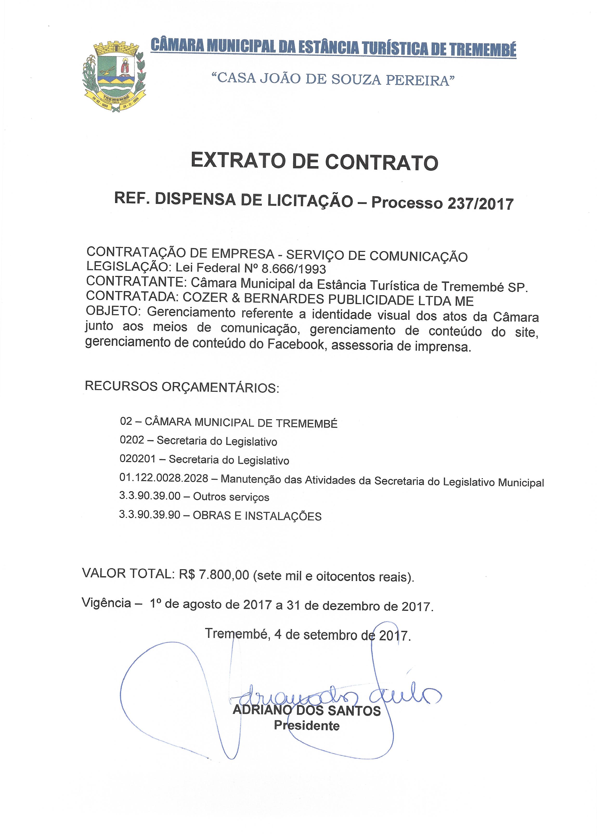 Extrato de Contrato - Processo 237-2017