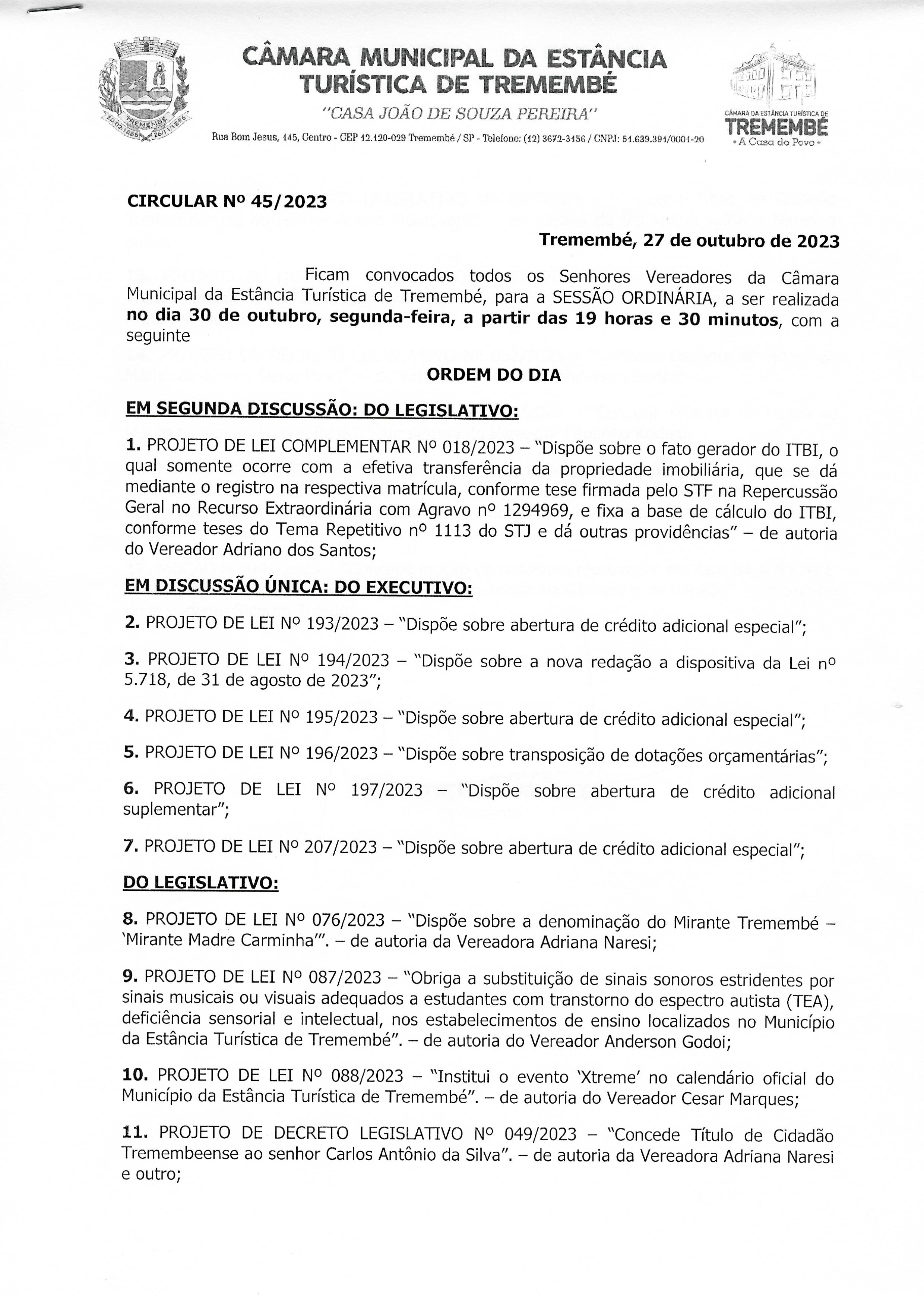 Pauta da 130ª Sessão Ordinária - 30/10/2023