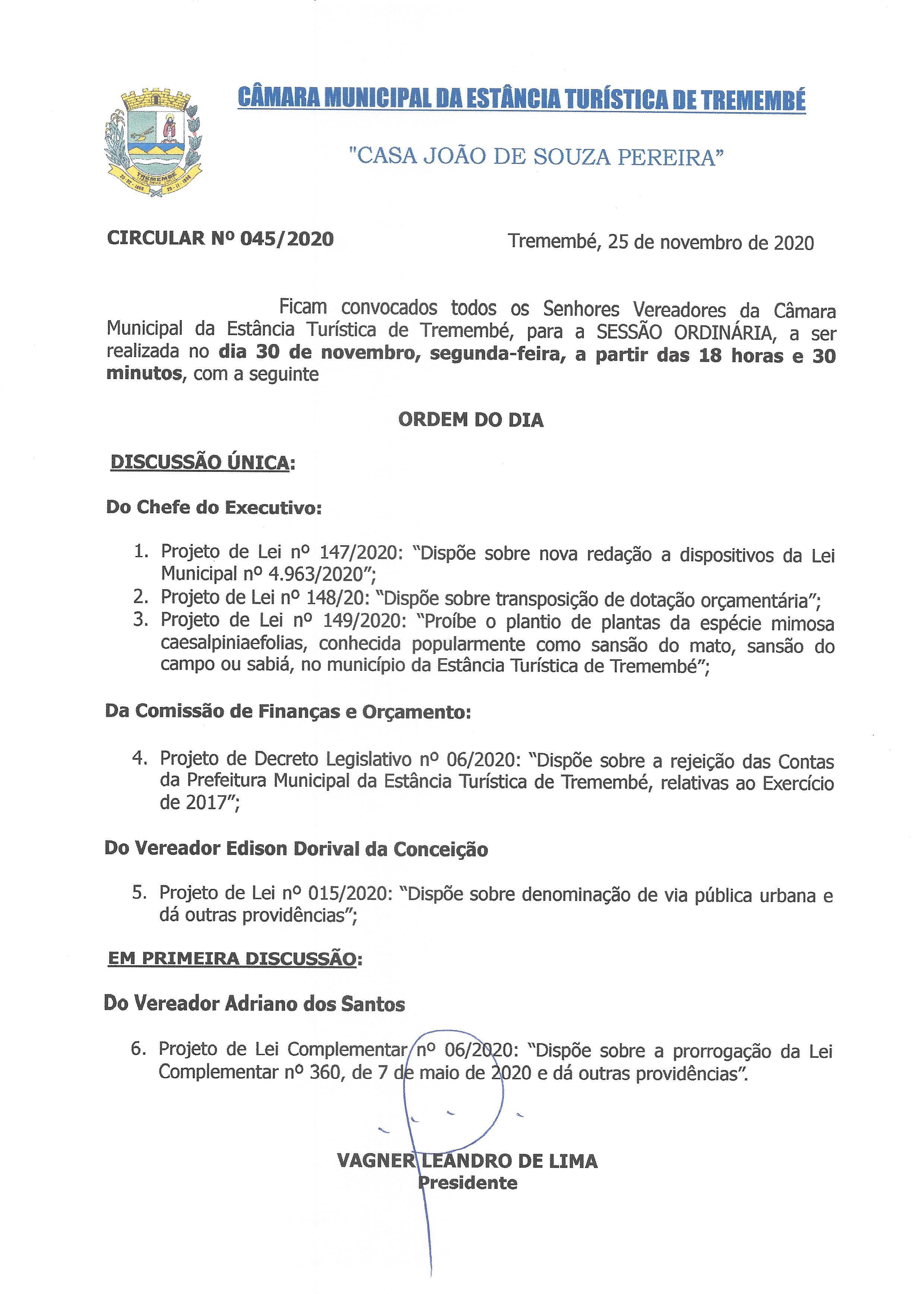 Pauta da 161ª Sessão Ordinária - 30/11/2020