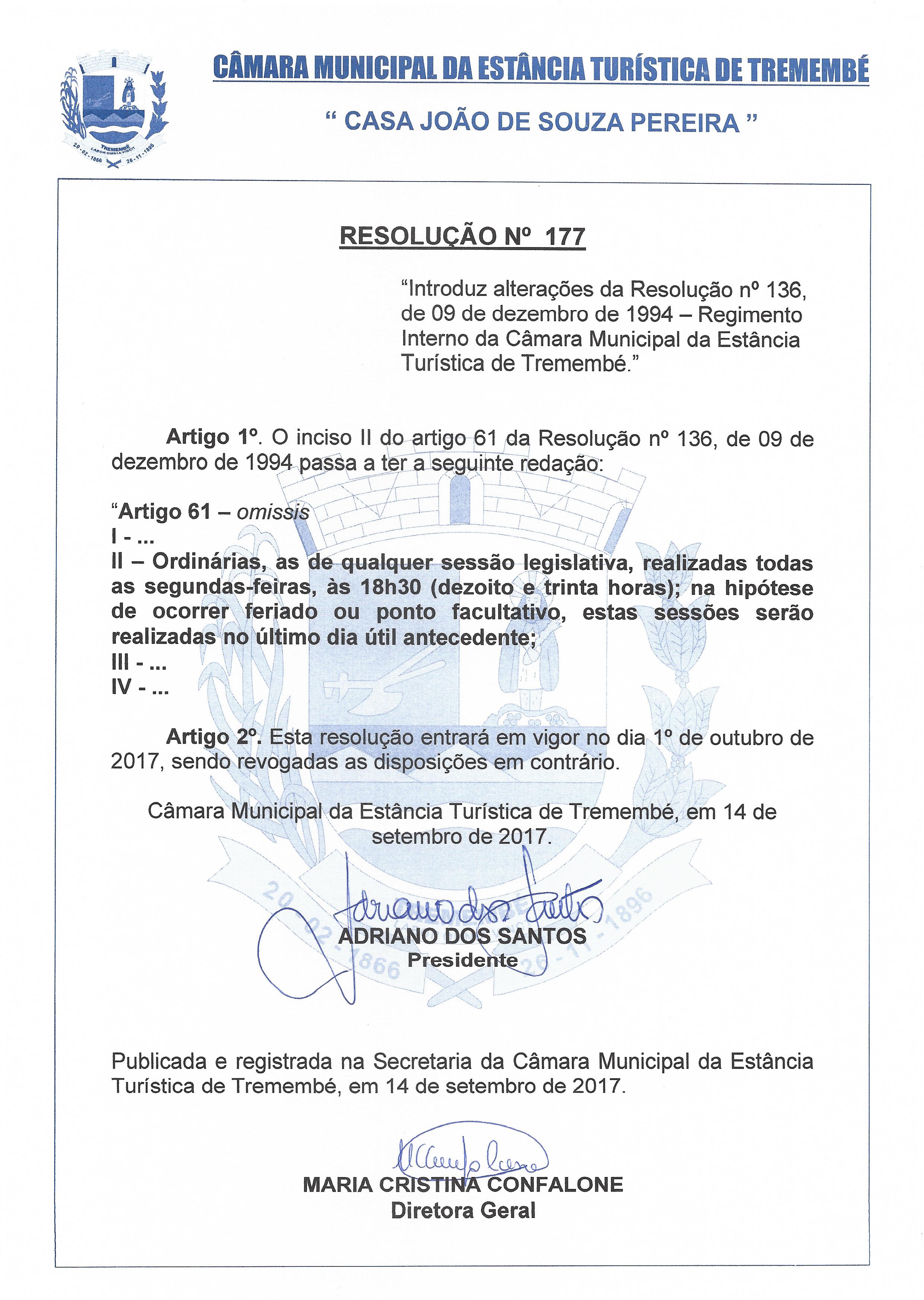 Resolução N° 177-2017 - Altera dia e horário das Sessões Ordinárias