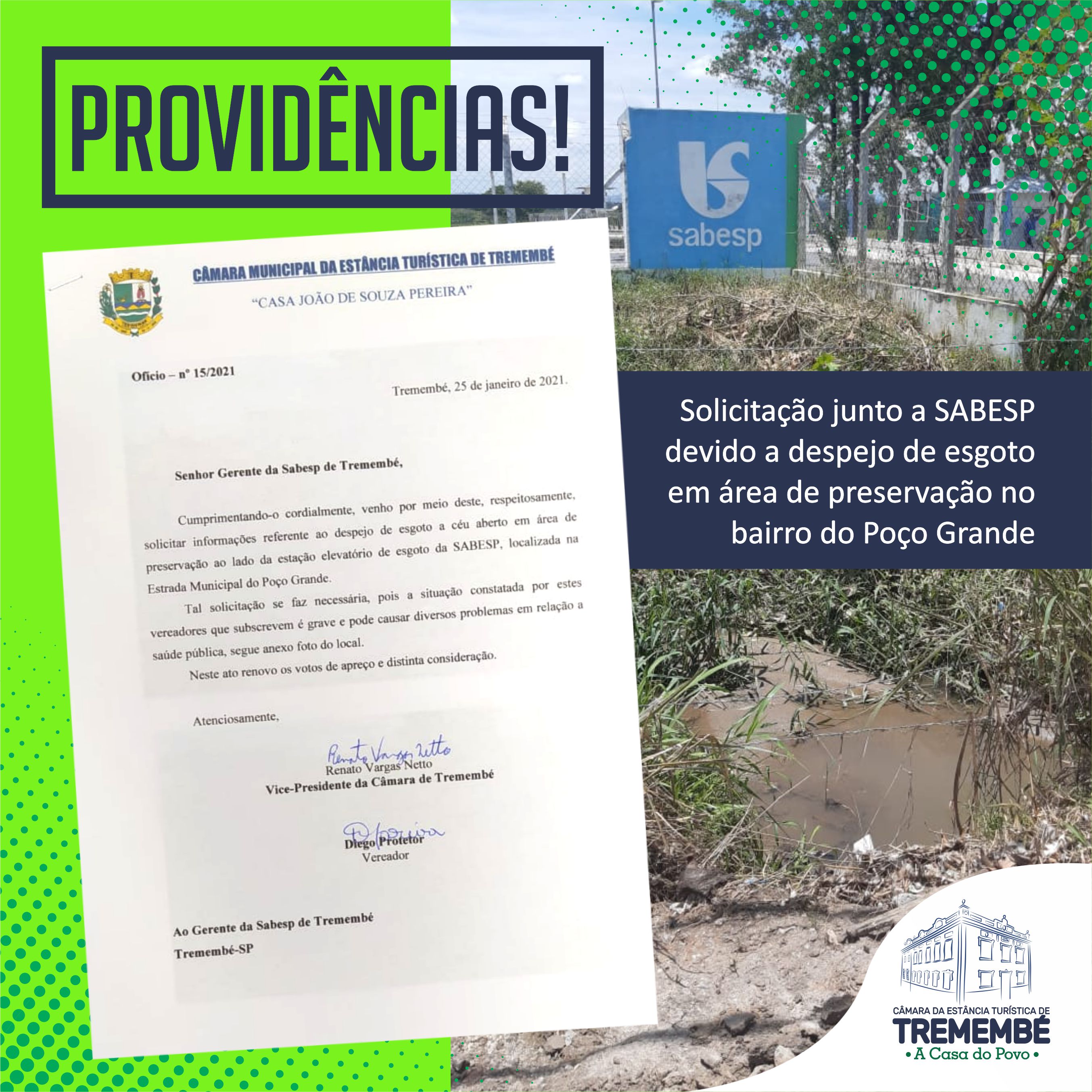 Vereadores cobram SABESP de despejo de esgoto em área de preservação no Poço Grande